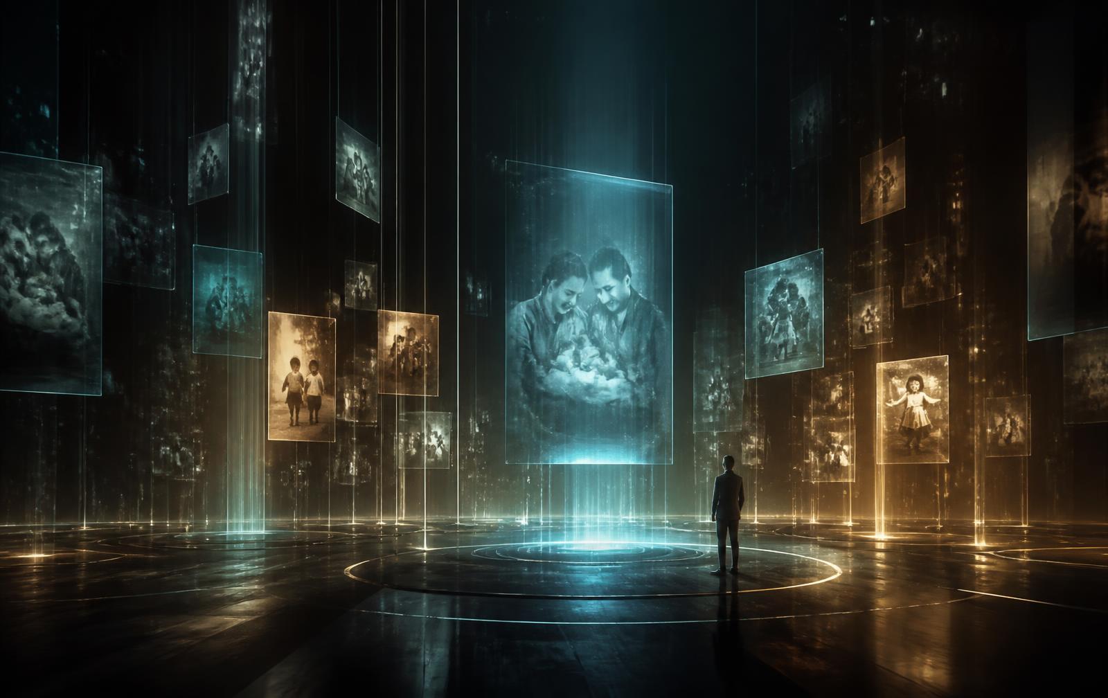 A person standing inside a holographic archive of suspended luminous memory panels